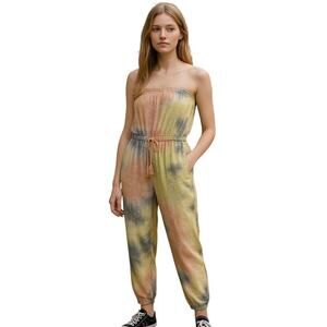 Aakaa Tie Dye Print Strapless Boho Drawstring Beach Festival Sz Small Jumpsuit